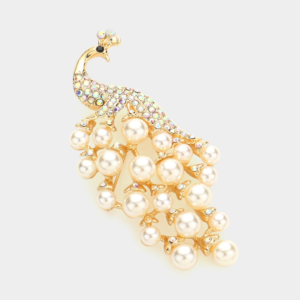 Abalone Gold Pearl Peacock Rhinestone Crystal Bling 2.5" Brooch Pin Accessory